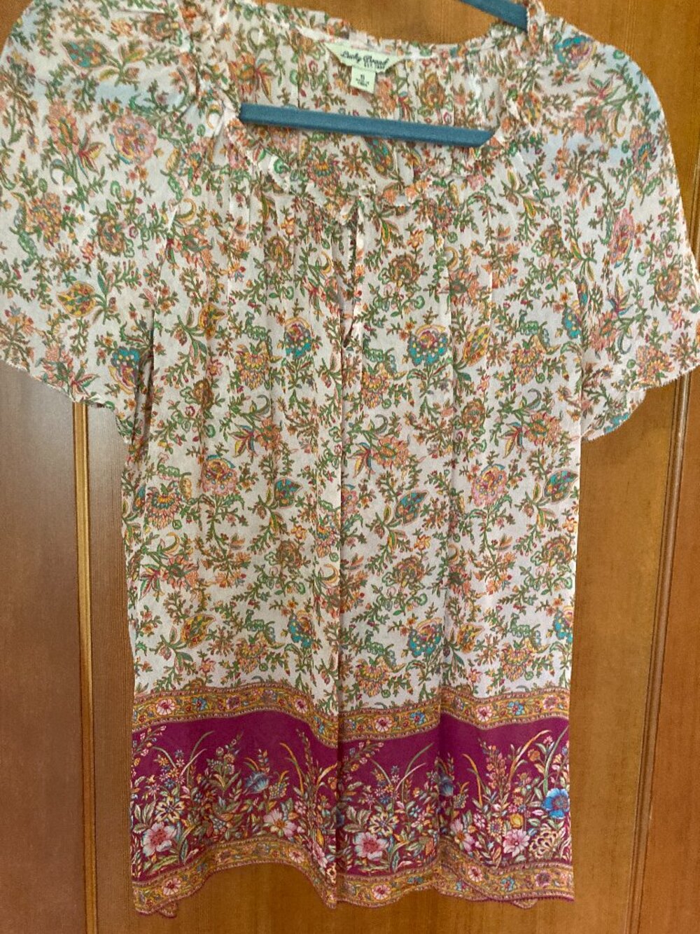LUCKY BRAND Pink Sheer Floral Boho Peasant Blouse  with Short Sleeve Size Small